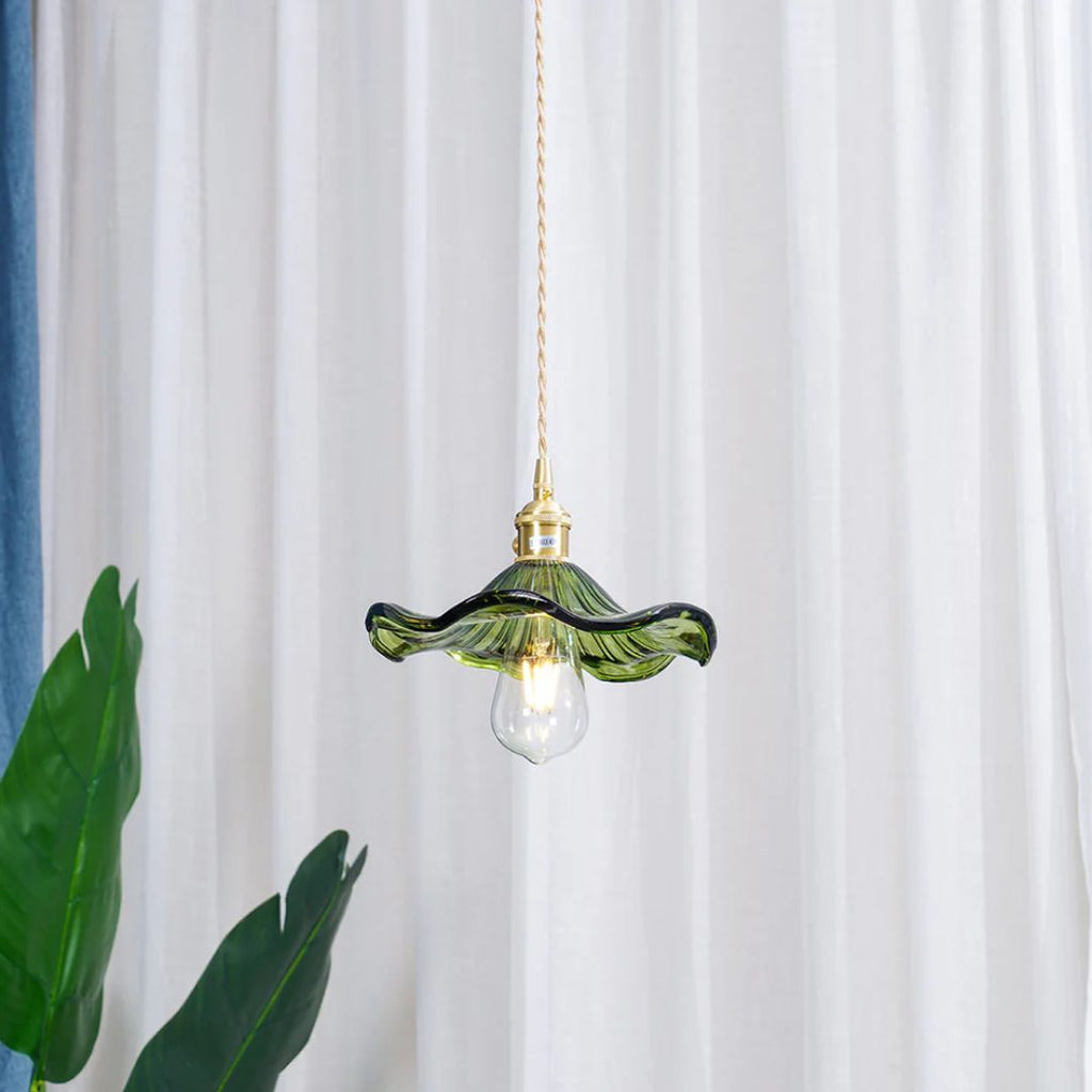 Green Glass Flower Pendant Light 23 cm with Brass Fitting