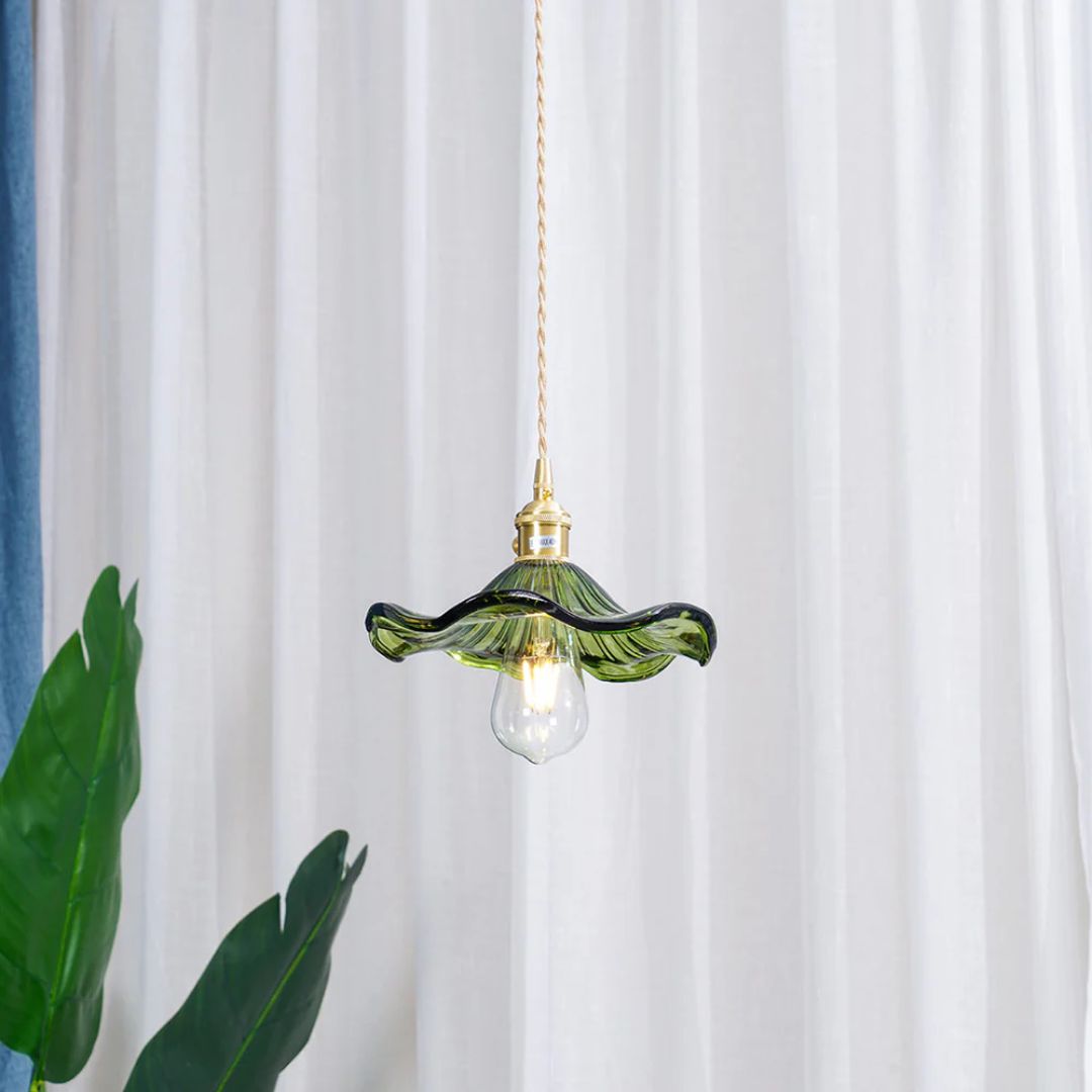 Green Glass Flower Pendant Light 23 cm with Brass Fitting