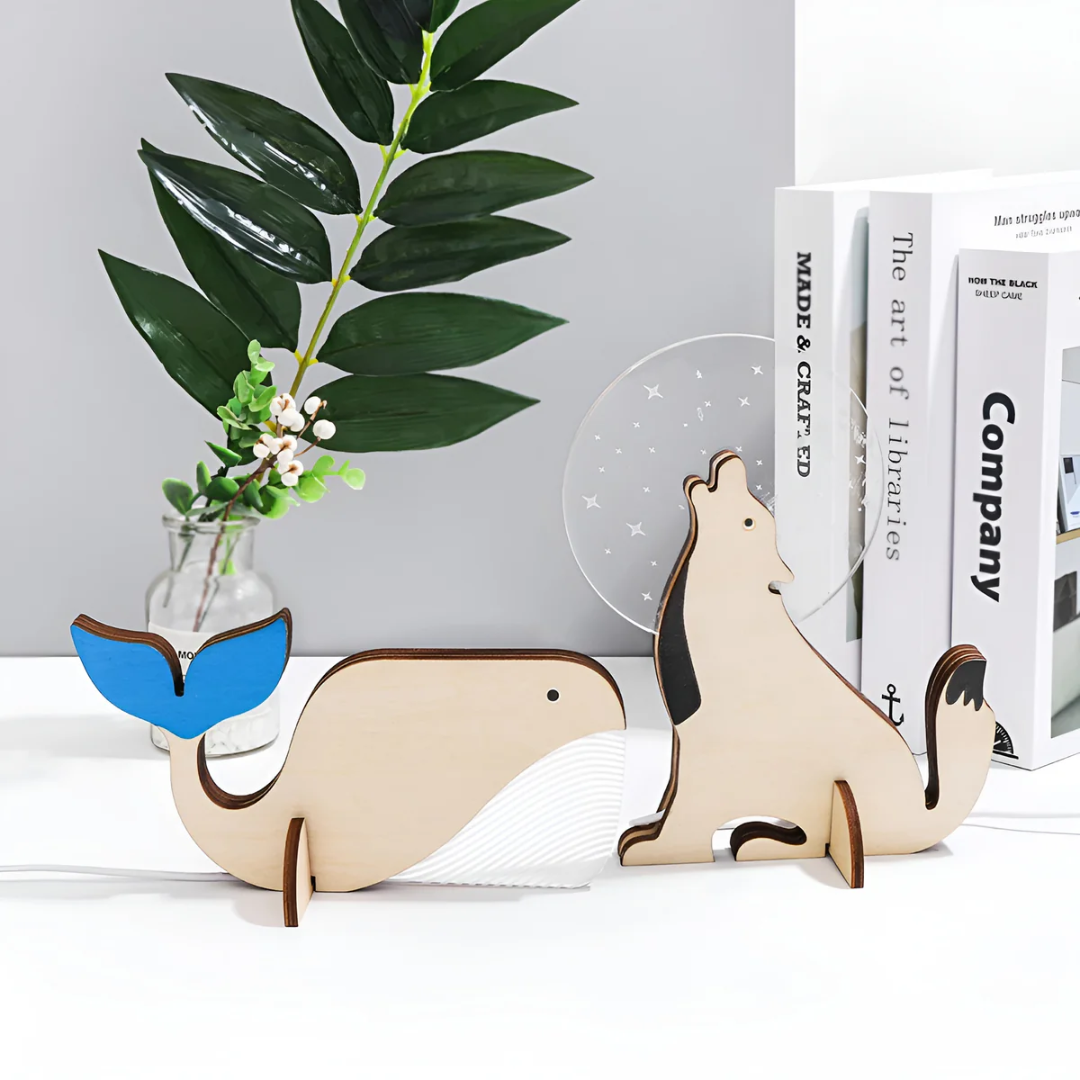 Scandinavian Wood Animal Table Lamp, Warm White LED, USB