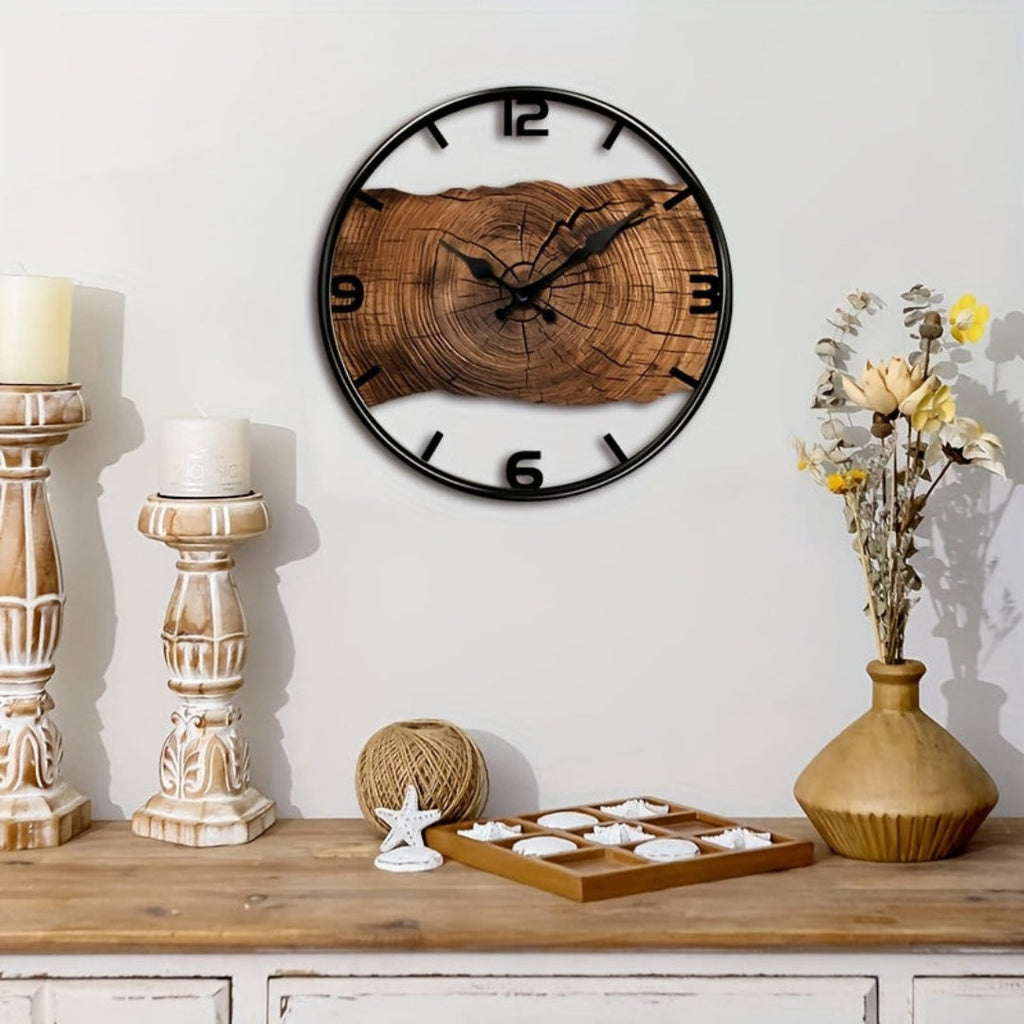 Round Carved Wood-Effect Wall Clock with Silent Movement