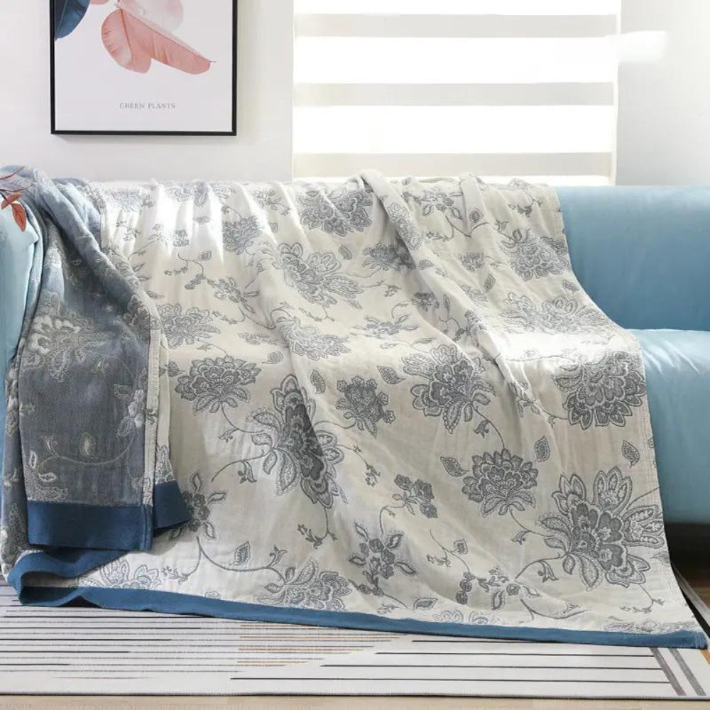 Cotton Gauze Summer Blanket with Jacquard Floral Pattern