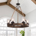 Round Wooden 6-Light Chandelier with Ribbed Glass Shades