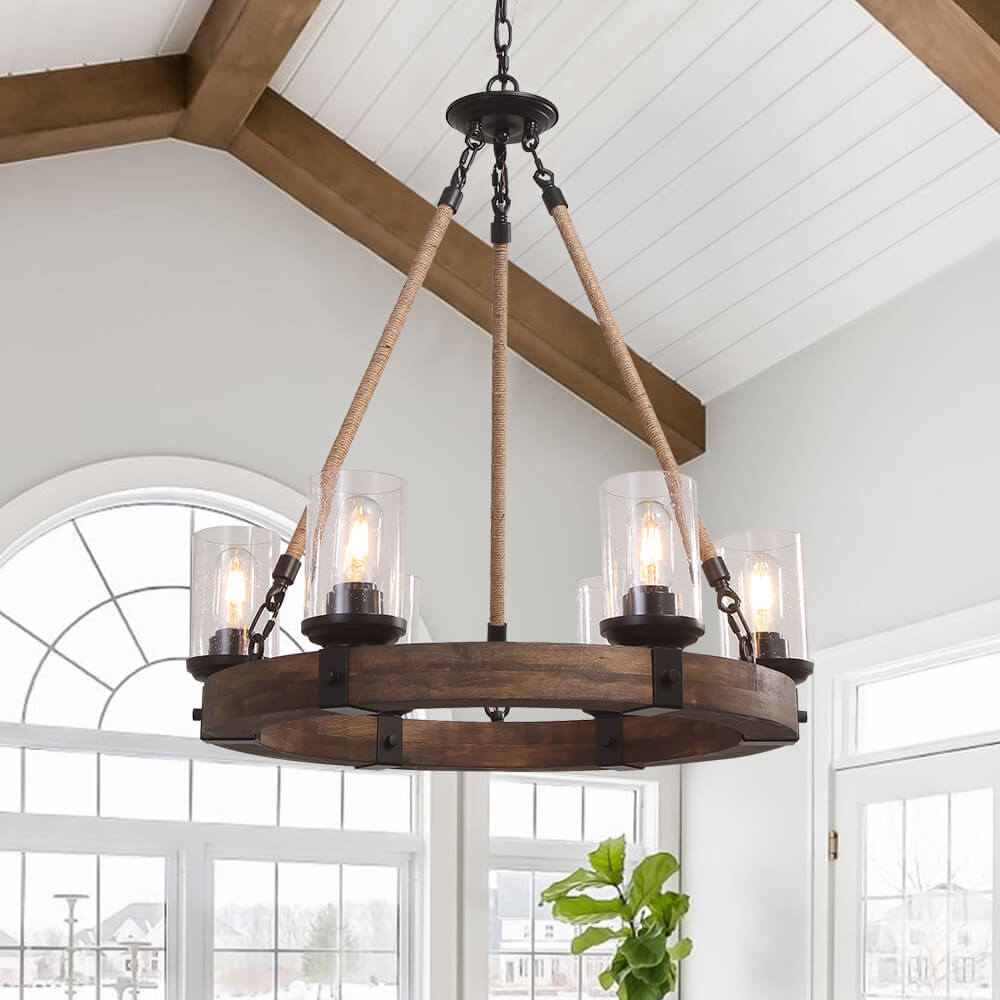 Round Wooden 6-Light Chandelier with Ribbed Glass Shades