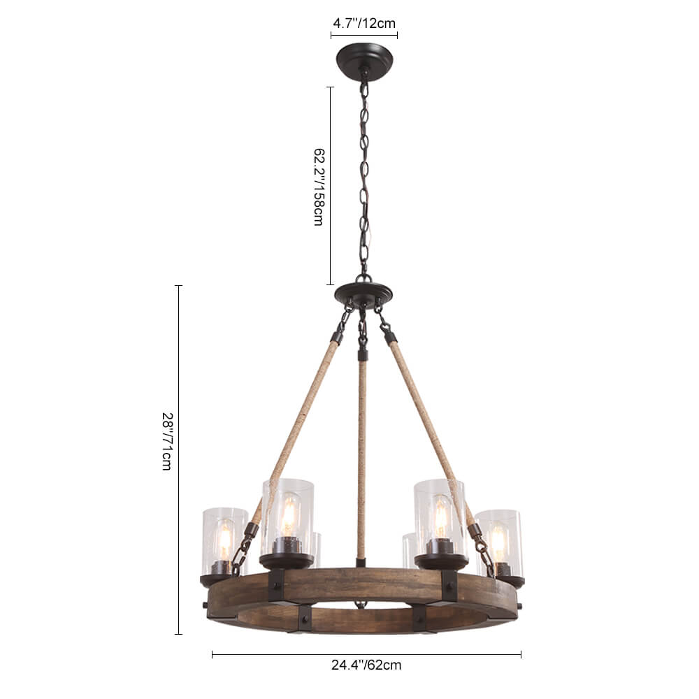 Round Wooden 6-Light Chandelier with Ribbed Glass Shades