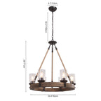 Round Wooden 6-Light Chandelier with Ribbed Glass Shades