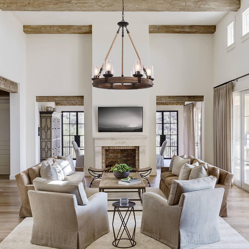 Round Wooden 6-Light Chandelier with Ribbed Glass Shades