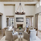 Round Wooden 6-Light Chandelier with Ribbed Glass Shades