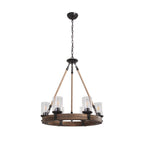 Round Wooden 6-Light Chandelier with Ribbed Glass Shades