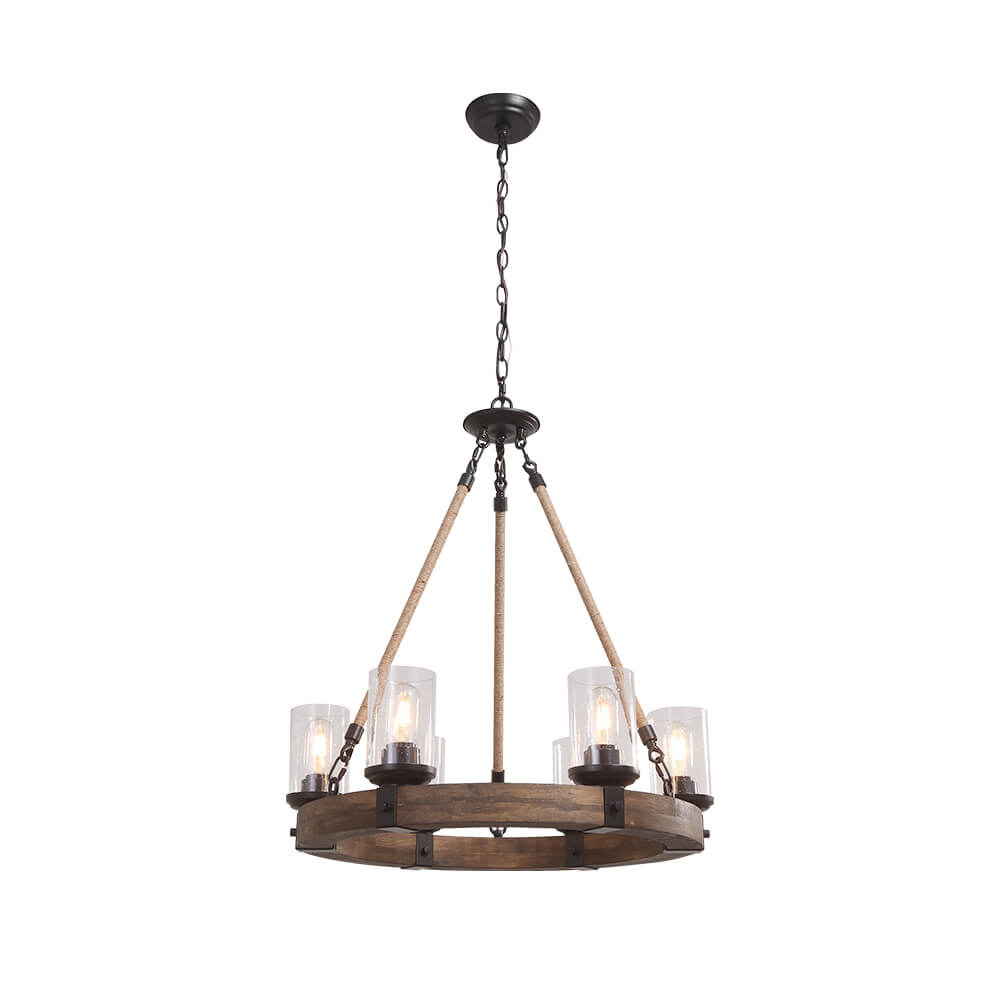 Round Wooden 6-Light Chandelier with Ribbed Glass Shades