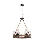 Round Wooden 6-Light Chandelier with Ribbed Glass Shades