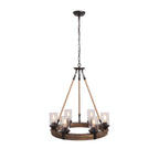 Round Wooden 6-Light Chandelier with Ribbed Glass Shades