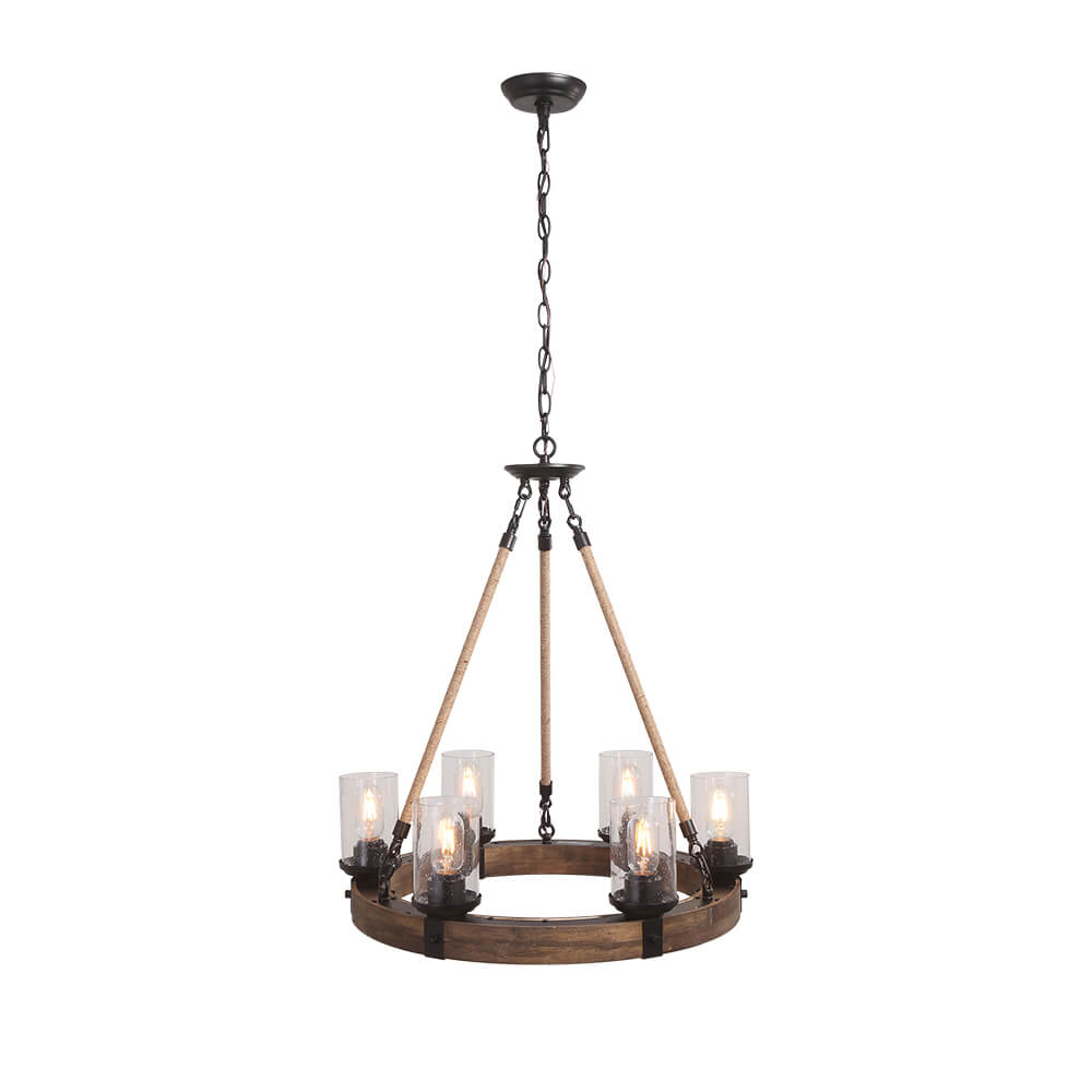 Round Wooden 6-Light Chandelier with Ribbed Glass Shades