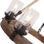 Round Wooden 6-Light Chandelier with Ribbed Glass Shades