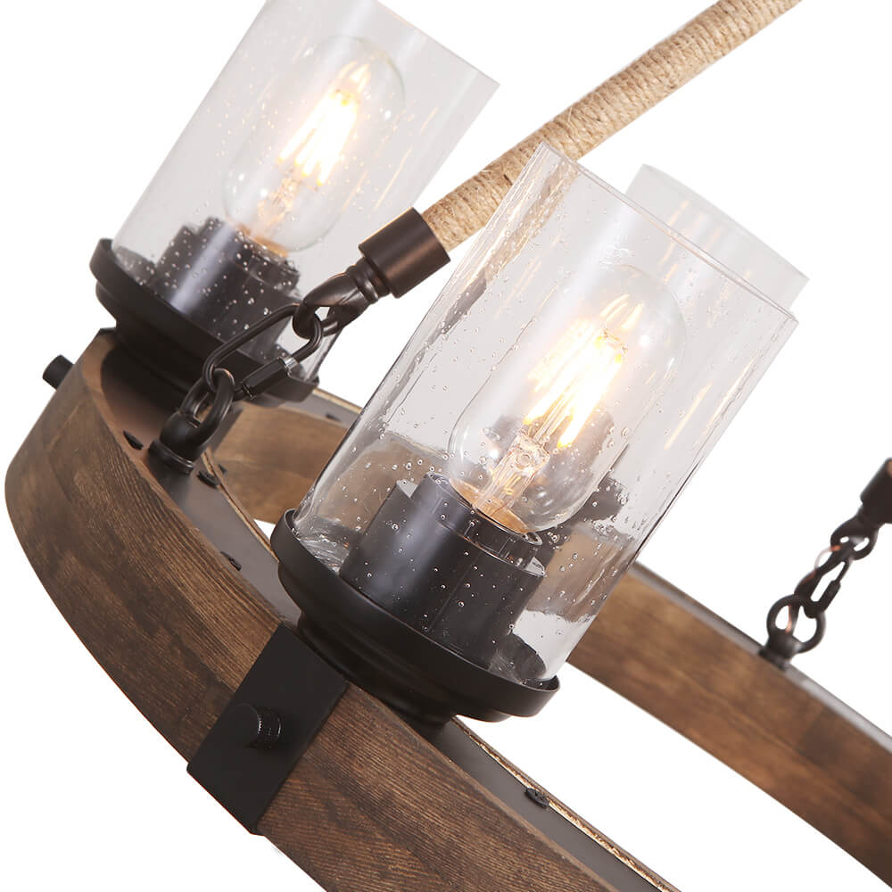 Round Wooden 6-Light Chandelier with Ribbed Glass Shades