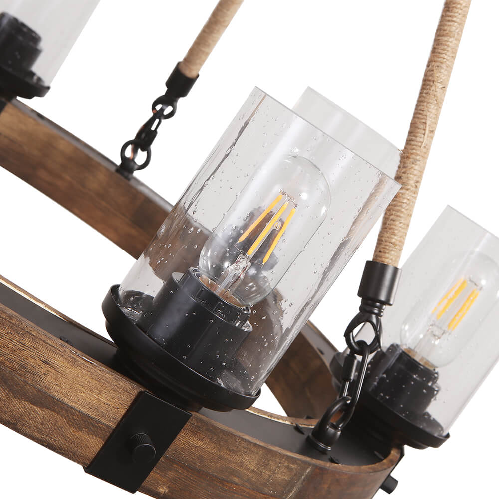 Round Wooden 6-Light Chandelier with Ribbed Glass Shades