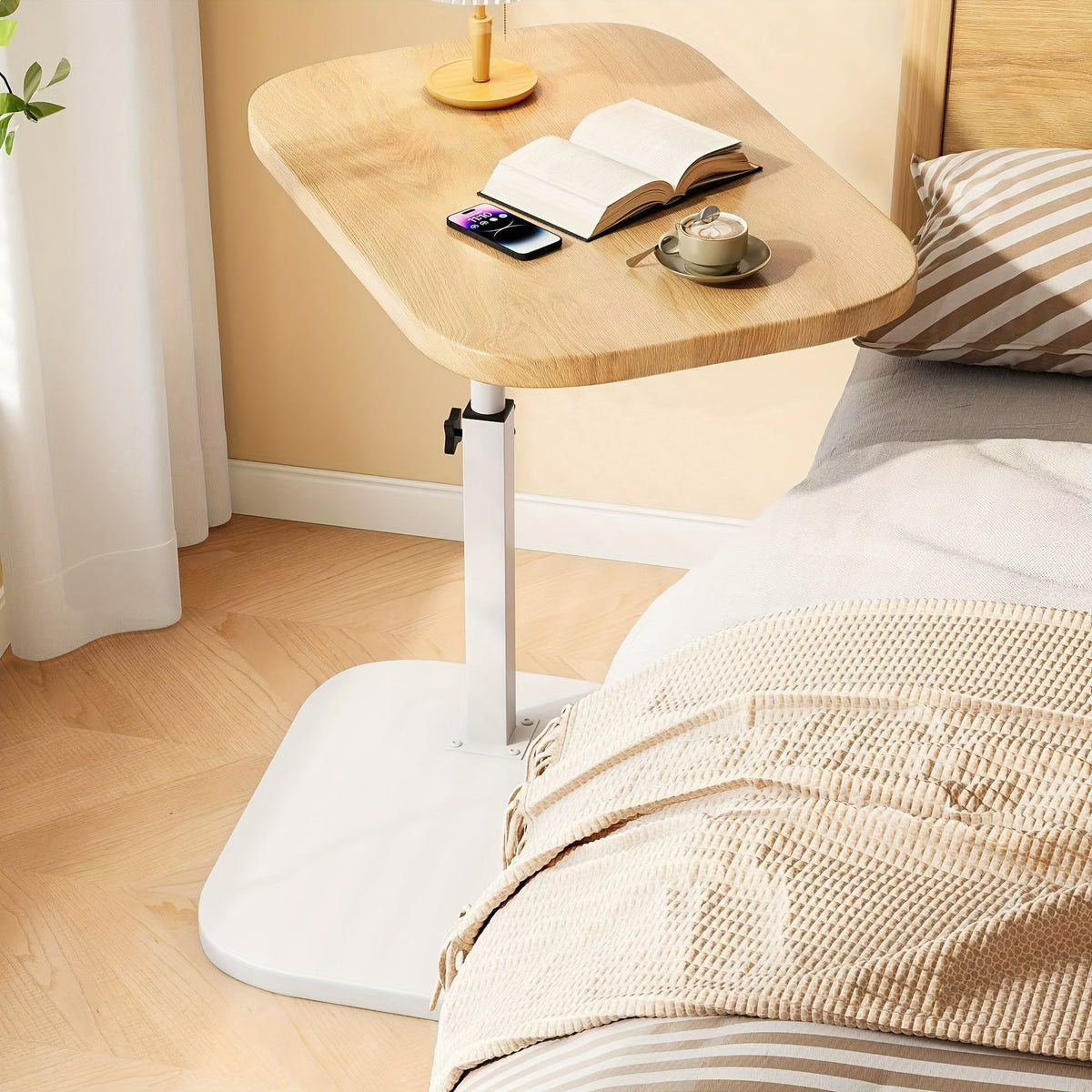 Height Adjustable Side Table for Sofa and Bed, Wood and Metal