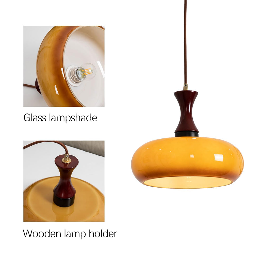 Glass and Wood Pendant Light with E27 Fitting, Retro Style