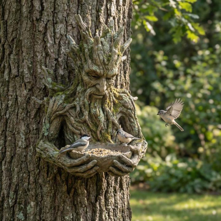 Tree Face Bird Feeder Bowl in Weatherproof Resin, Wall Mount