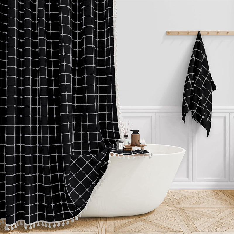 Boho Tasselled Shower Curtain, Waterproof Linen-Weave Jacquard