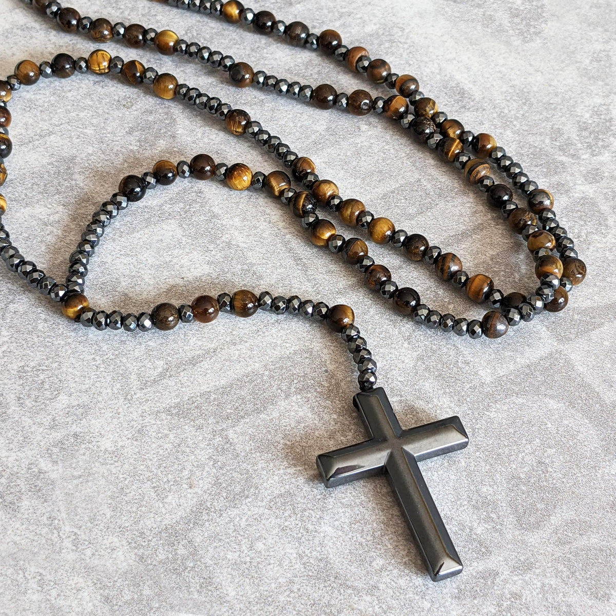 Natural Gemstone Rosary Necklace with Cross Pendant for Men