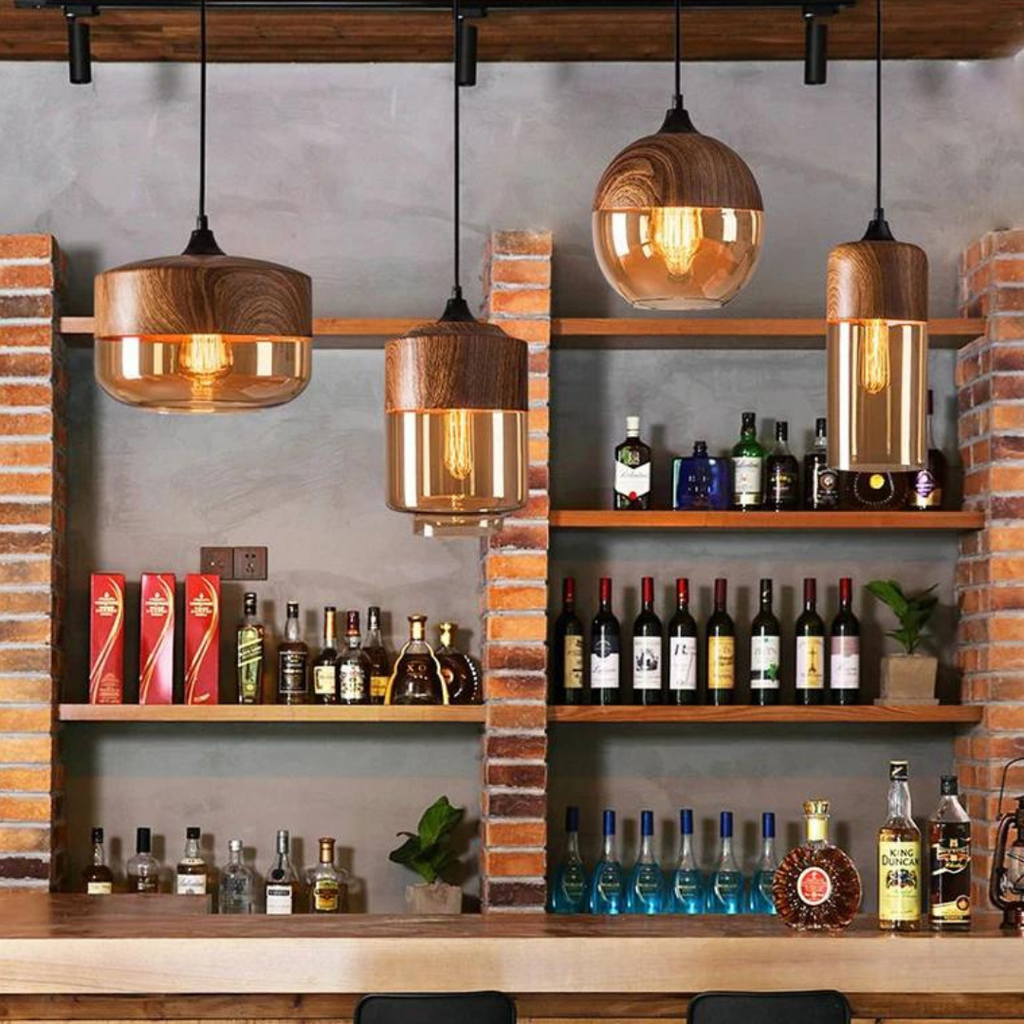 Scandinavian Pendant Light with Glass Shade and Wood-Look Finish