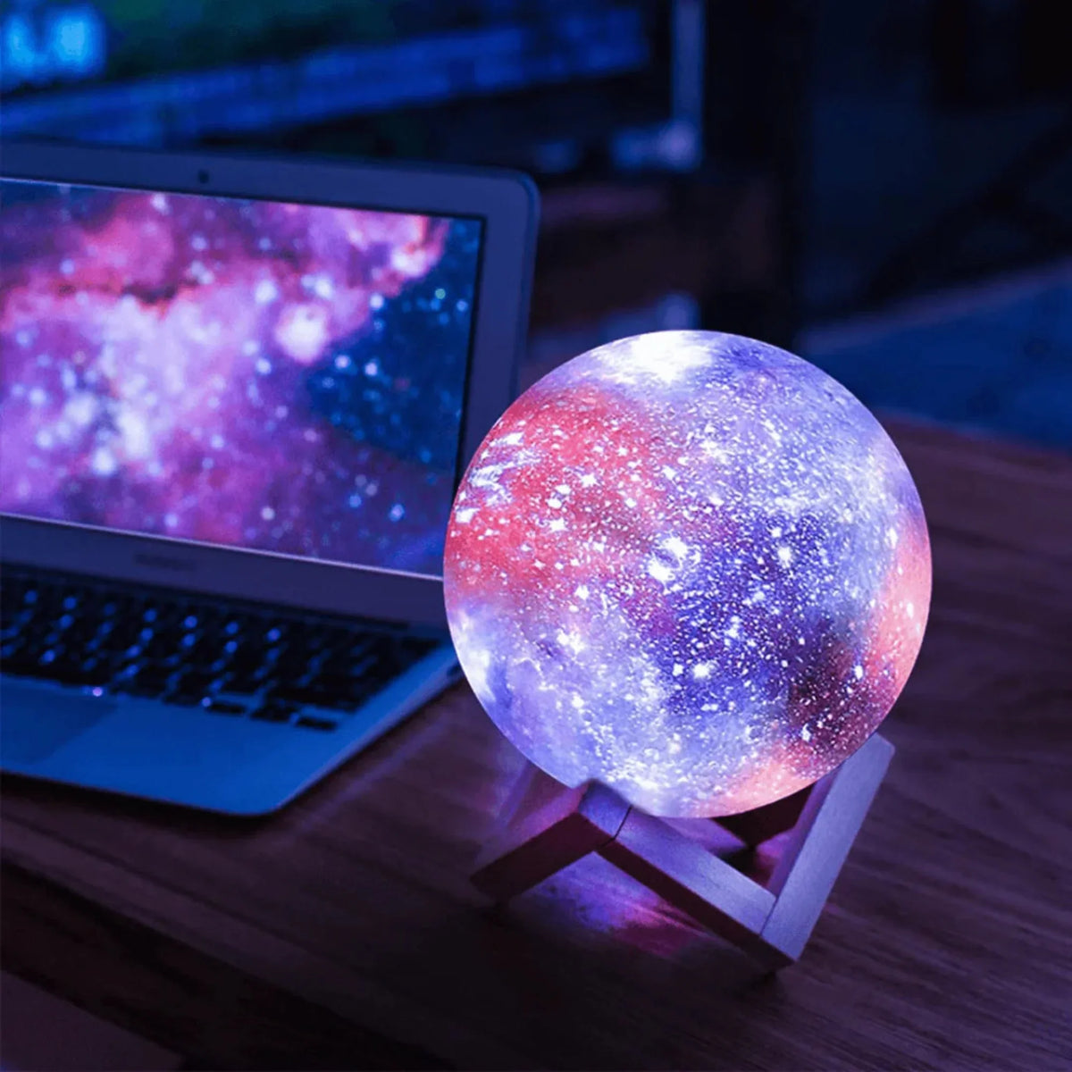 3D Moon Lamp with Wooden Stand, 16 Colours, Cordless
