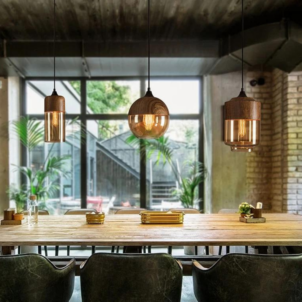 Tinted Glass Pendant Light with Wood Effect Metal, E27, 150 cm Cable