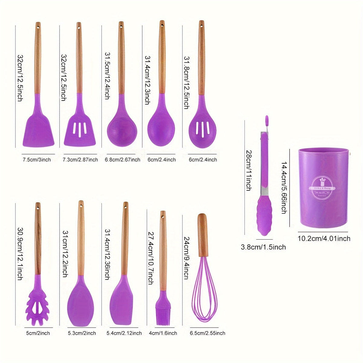12-Piece Silicone Utensil Set with Wooden Handles, 9 Colours
