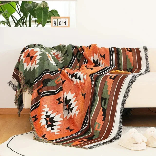 Jacquard Woven Throw with Plaited Fringes, 130 x 160 cm
