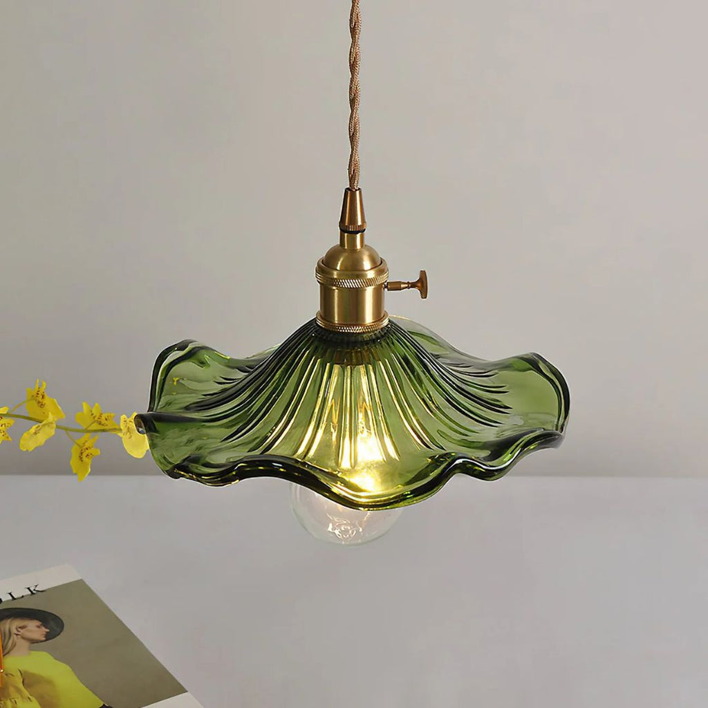 Green Glass Flower Pendant Light 23 cm with Brass Fitting