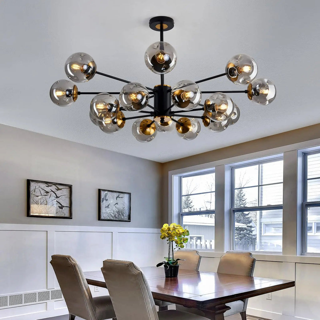 Scandinavian Glass Globe Chandelier, Black Iron, 6 to 16 Lights