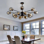 Scandinavian Glass Globe Chandelier, Black Iron, 6 to 16 Lights