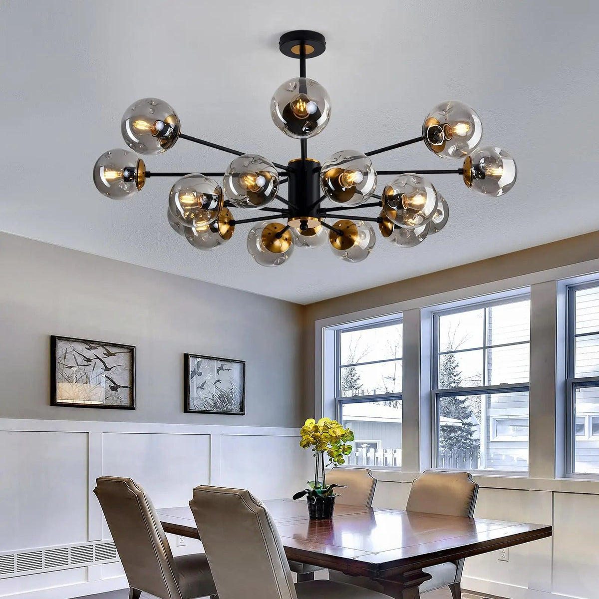 Scandinavian Glass Globe Chandelier, Black Iron, 6 to 16 Lights