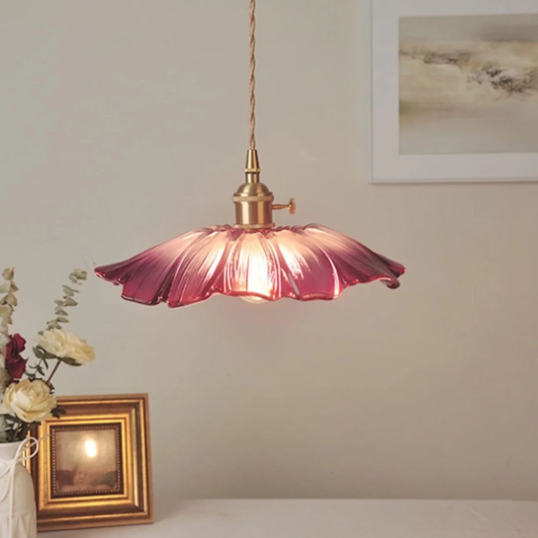 Ribbed Glass Flower Pendant Light with Gold-Tone Fitting