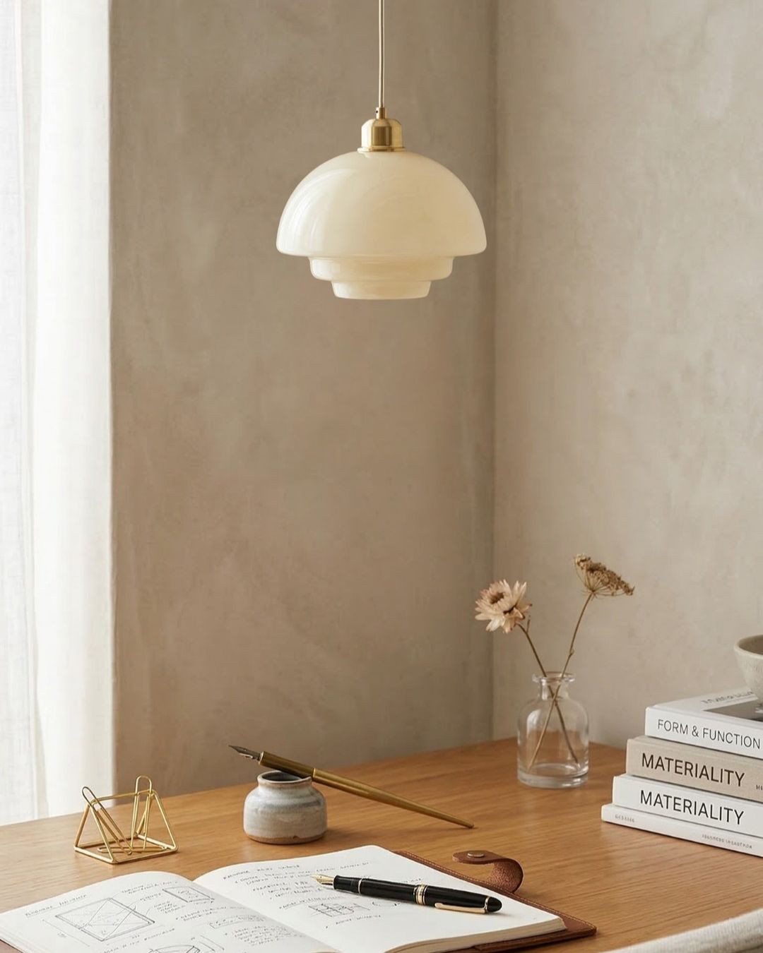 Opal White Glass Pendant Light with Brushed Brass, E27