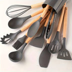 12-Piece Silicone Utensil Set with Wooden Handles, 9 Colours