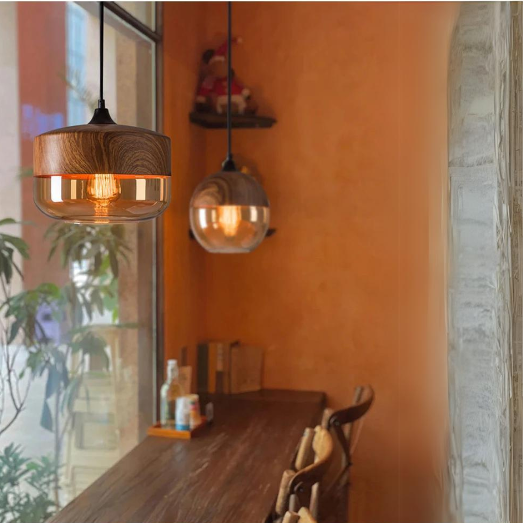 Scandi Tinted Glass Pendant Light with Wood-Effect Finish