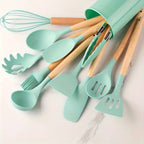 12-Piece Silicone Utensil Set with Wooden Handles, 9 Colours