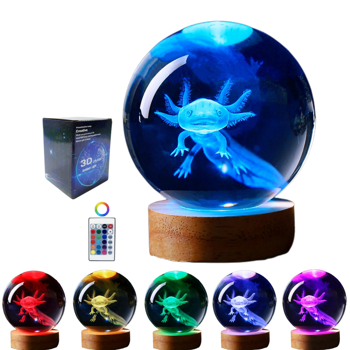 3D Crystal Axolotl Night Light with Wooden Base, 16 Colours