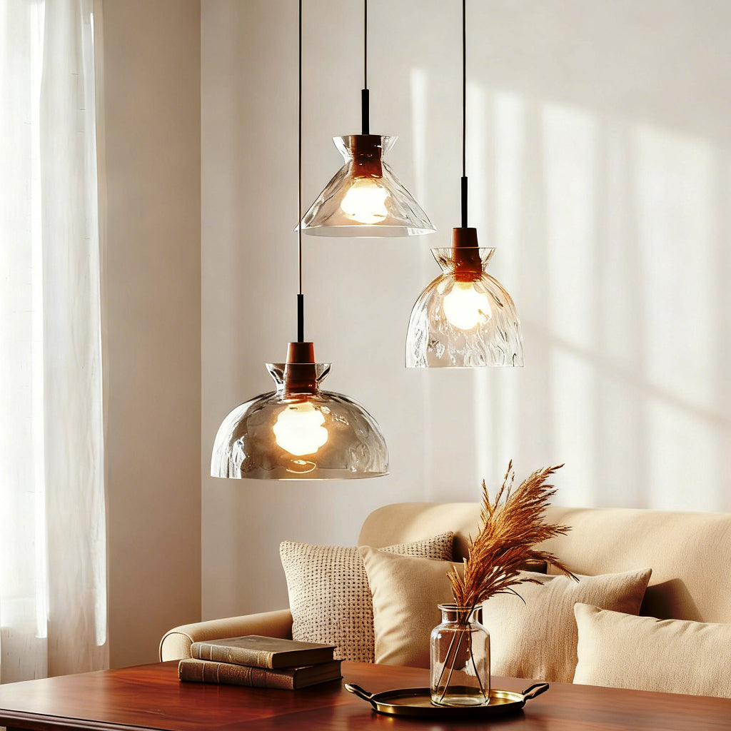 Hammered Clear Glass Dome Pendant Light with Wood Accents