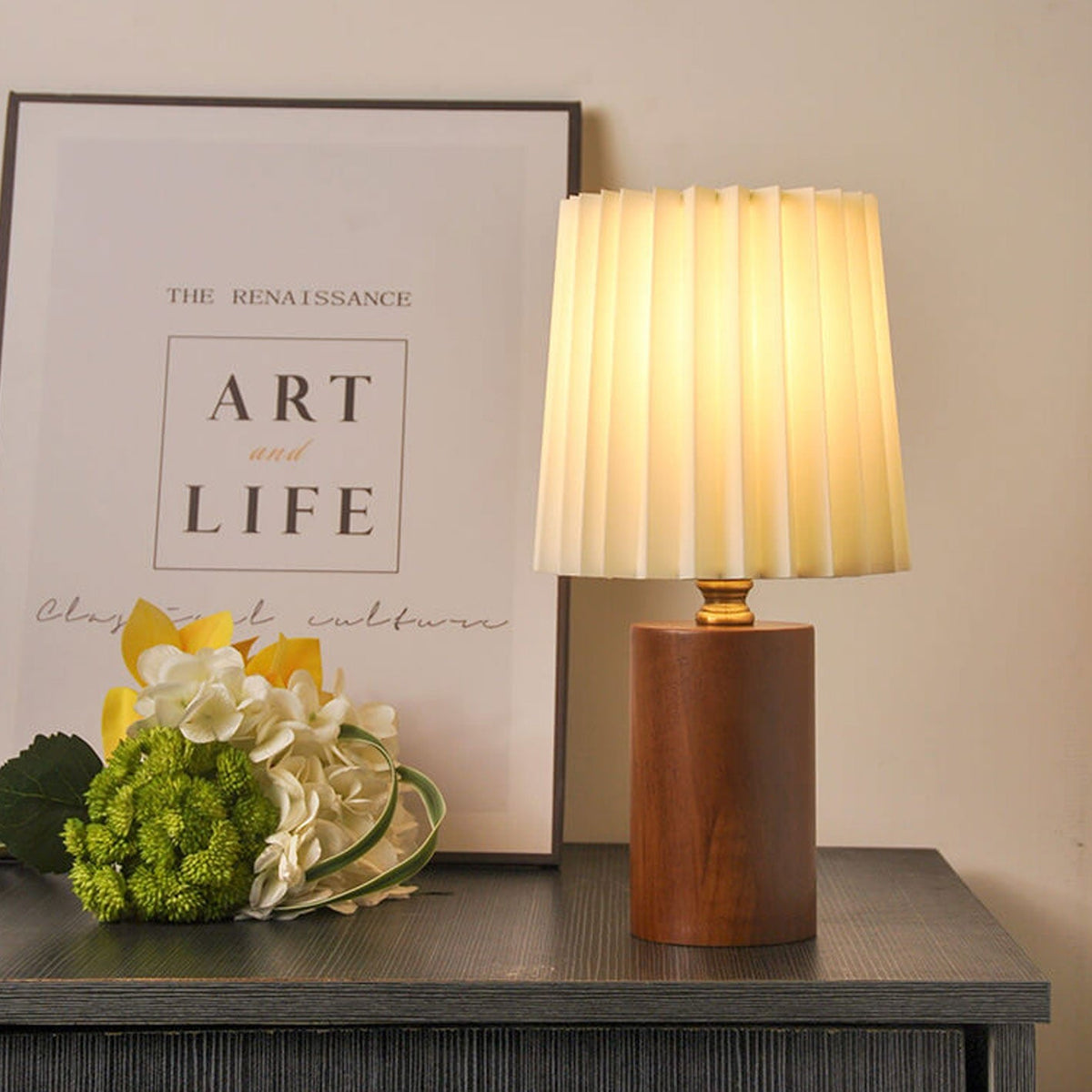 Pleated Shade Table Lamp with Wooden Base, 31 cm
