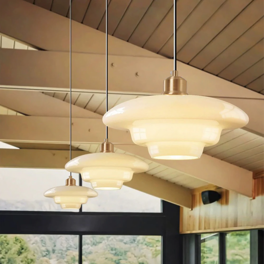 Round Glass Pendant Light with Gold Detail, Adjustable Drop