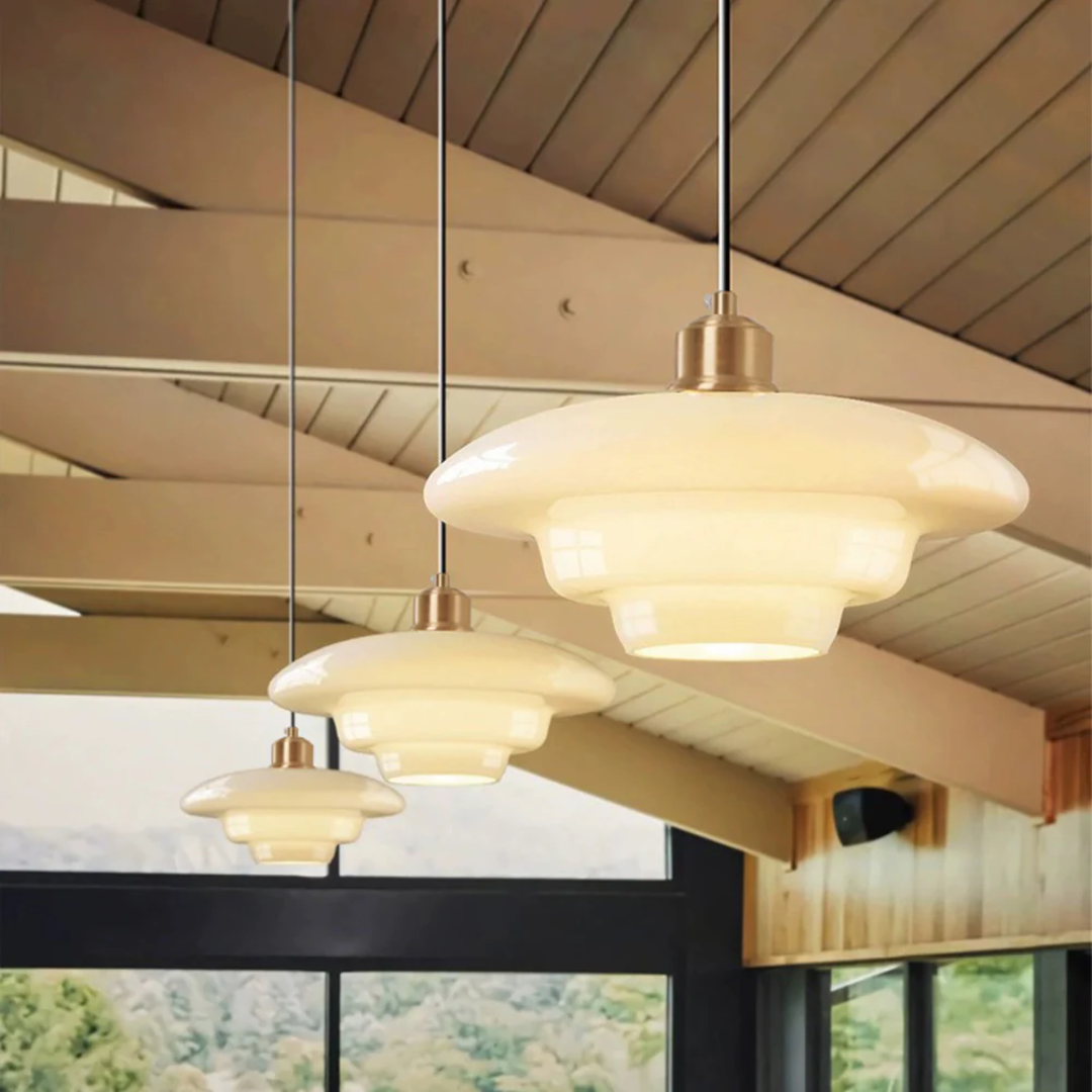 Round Glass Pendant Light with Gold Detail, Adjustable Drop