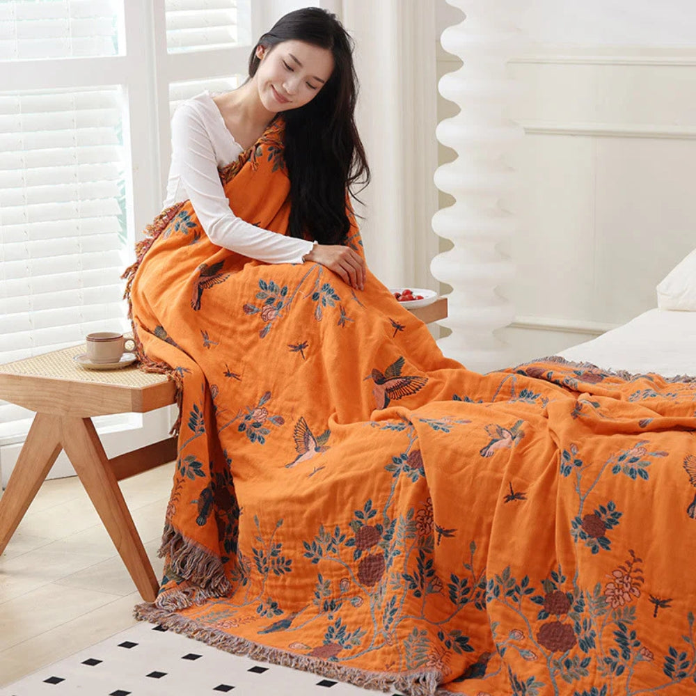Layered Cotton Gauze Throw with Jacquard Weave and Tassels
