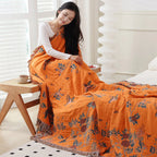 Layered Cotton Gauze Throw with Jacquard Weave and Tassels