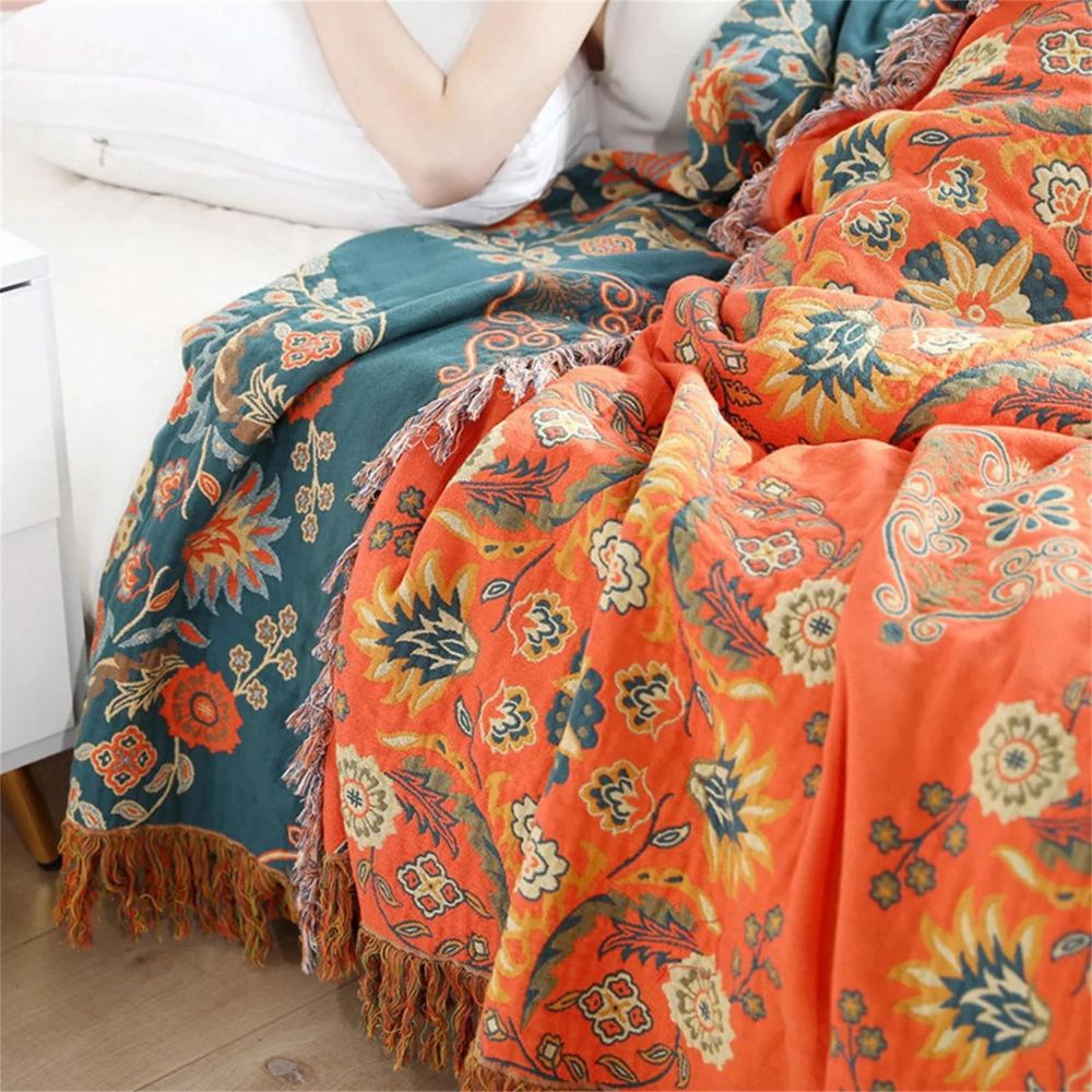 Reversible Cotton Gauze Throw, Floral Orange and Turquoise