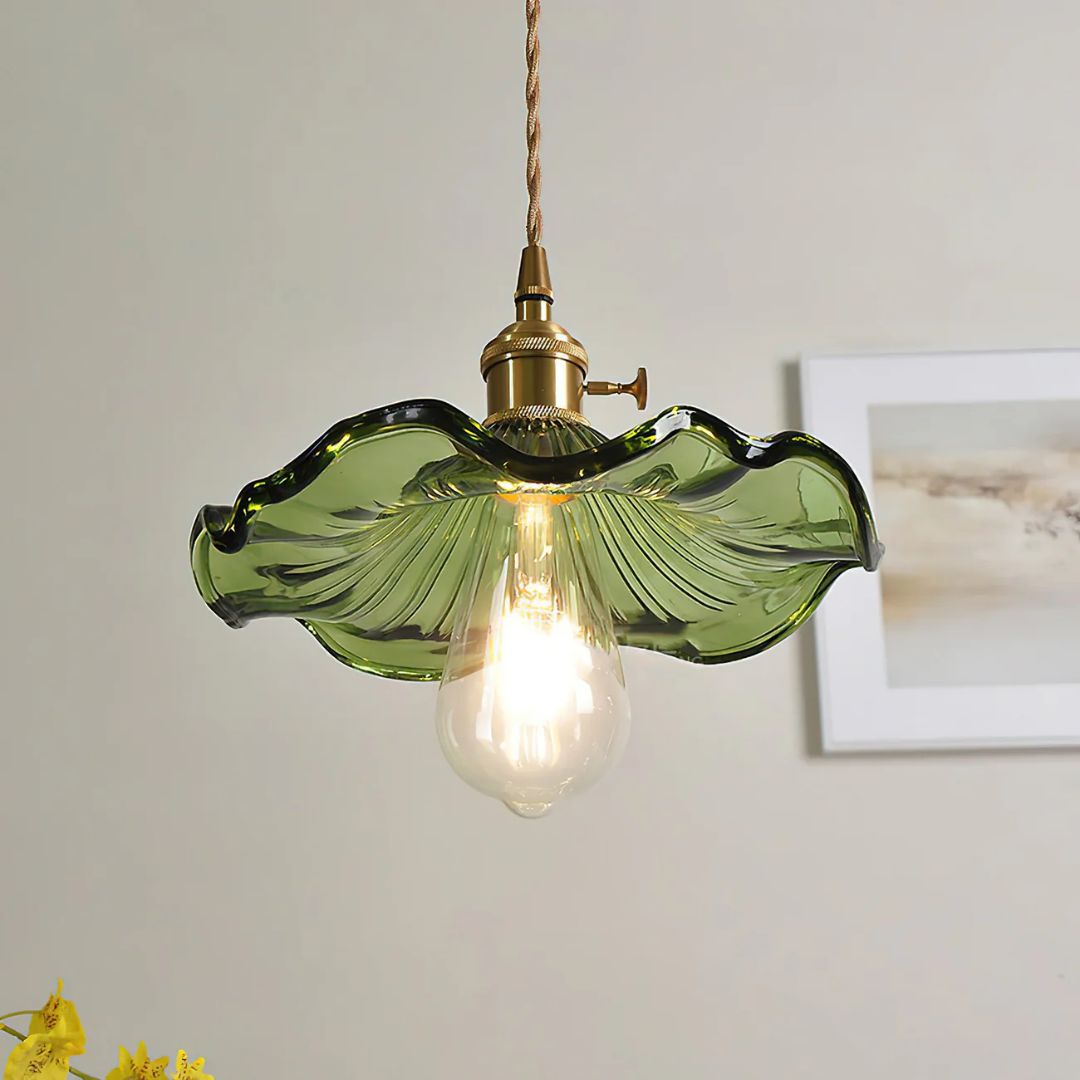 Green Glass Flower Pendant Light 23 cm with Brass Fitting