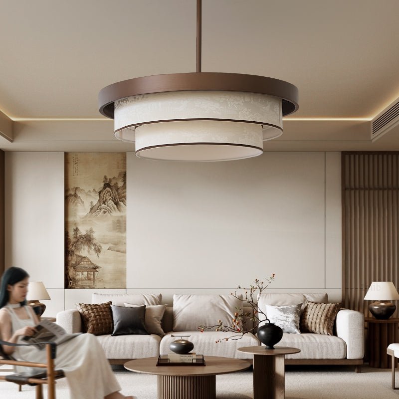 Three-Tier Fabric Ring Pendant Light, Bronze, LED