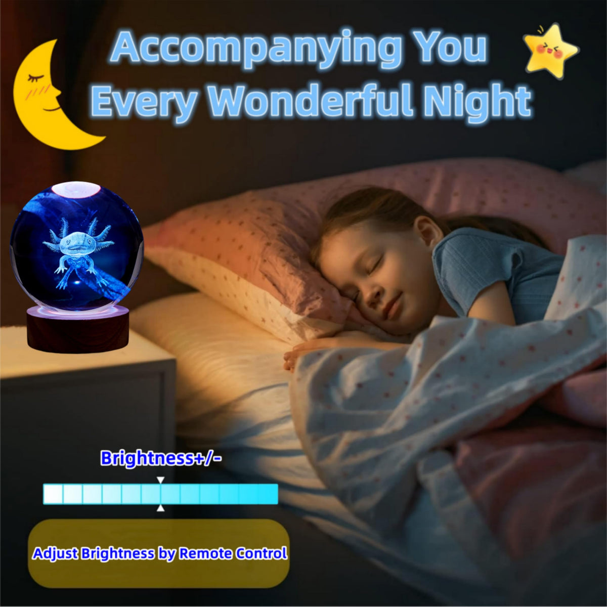 3D Crystal Axolotl Night Light with Wooden Base, 16 Colours