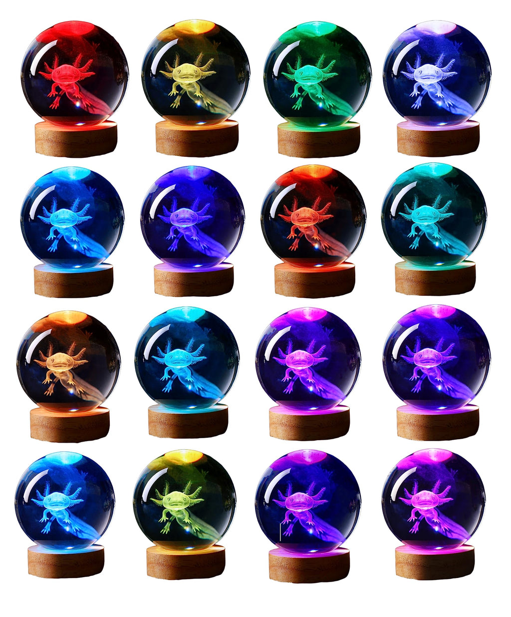 3D Crystal Axolotl Night Light with Wooden Base, 16 Colours